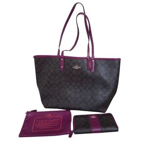 Coach Dark Brown Signature Tote with Magenta Trim and Matching Wallet & Pouch